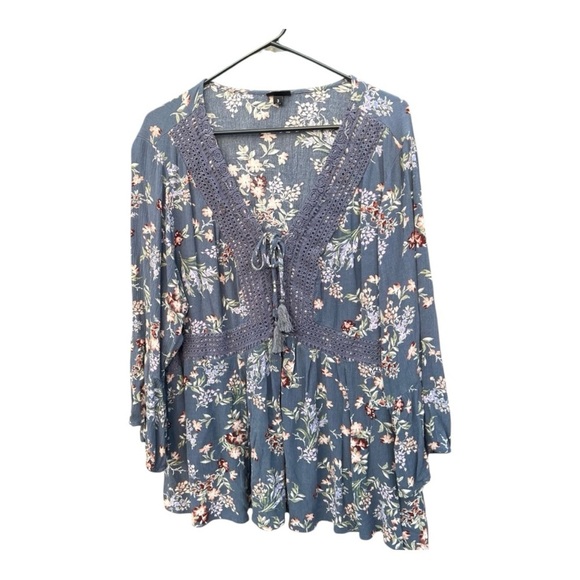 Torrid Blue and Pink Bell Sleeve Blouse with Tie Front - Picture 1 of 10